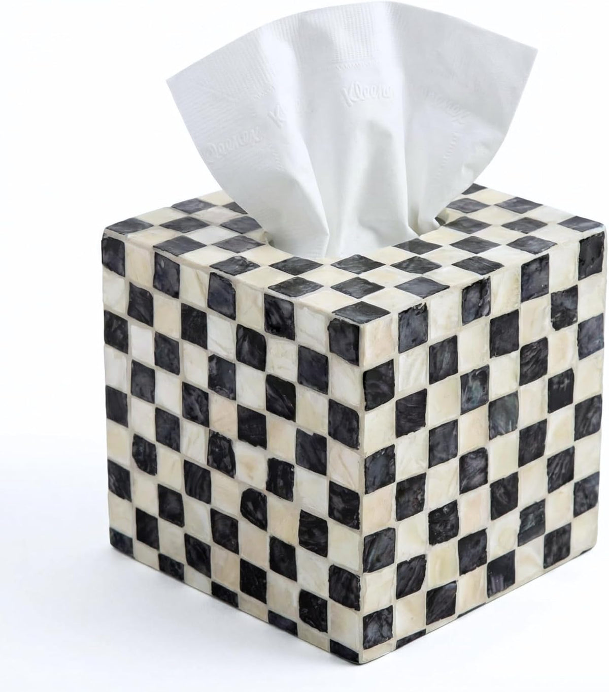 Mother of Pearl Tissue Box Cover, Decorative Tissue Box Holder Square Fits Kleenex & Puffs Tissue Box Cube for Coffee Table, Living Room, Kitchen & Dining Room (Checkerboard)