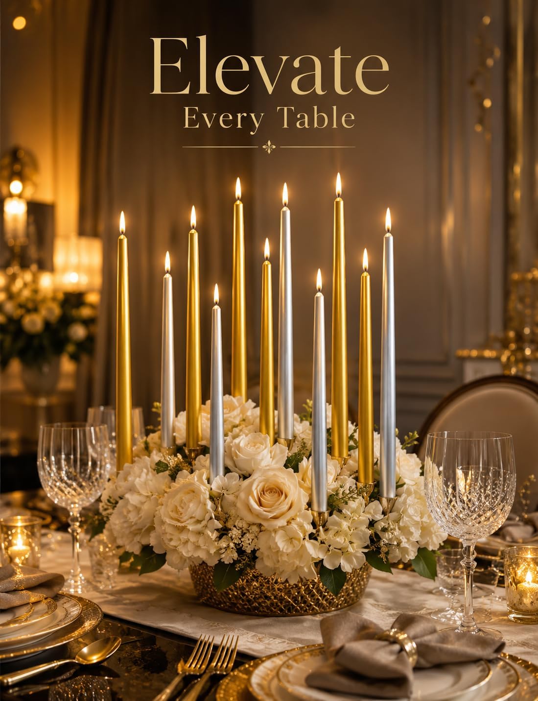 10 Inch Metallic Taper Candles, 6 Gold and 6 Silver Candlesticks