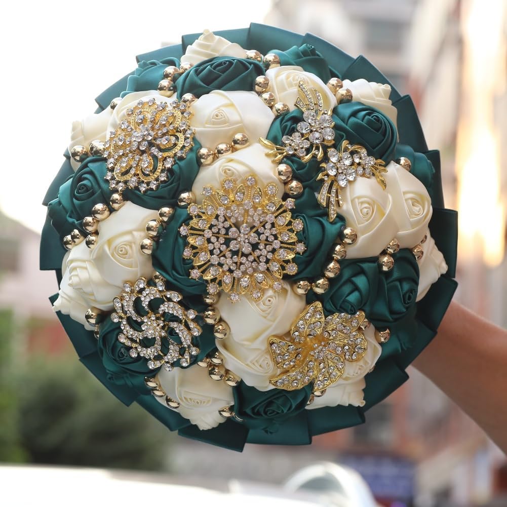 Emerald Green and Ivory Bridal Wedding Bouquet with Gold Brooch Rhinestone Pearl Satin Rose Flower Bouquet for Bride Bridesmaid Quinceanera Wedding Emerald Green and Ivory 7.1in