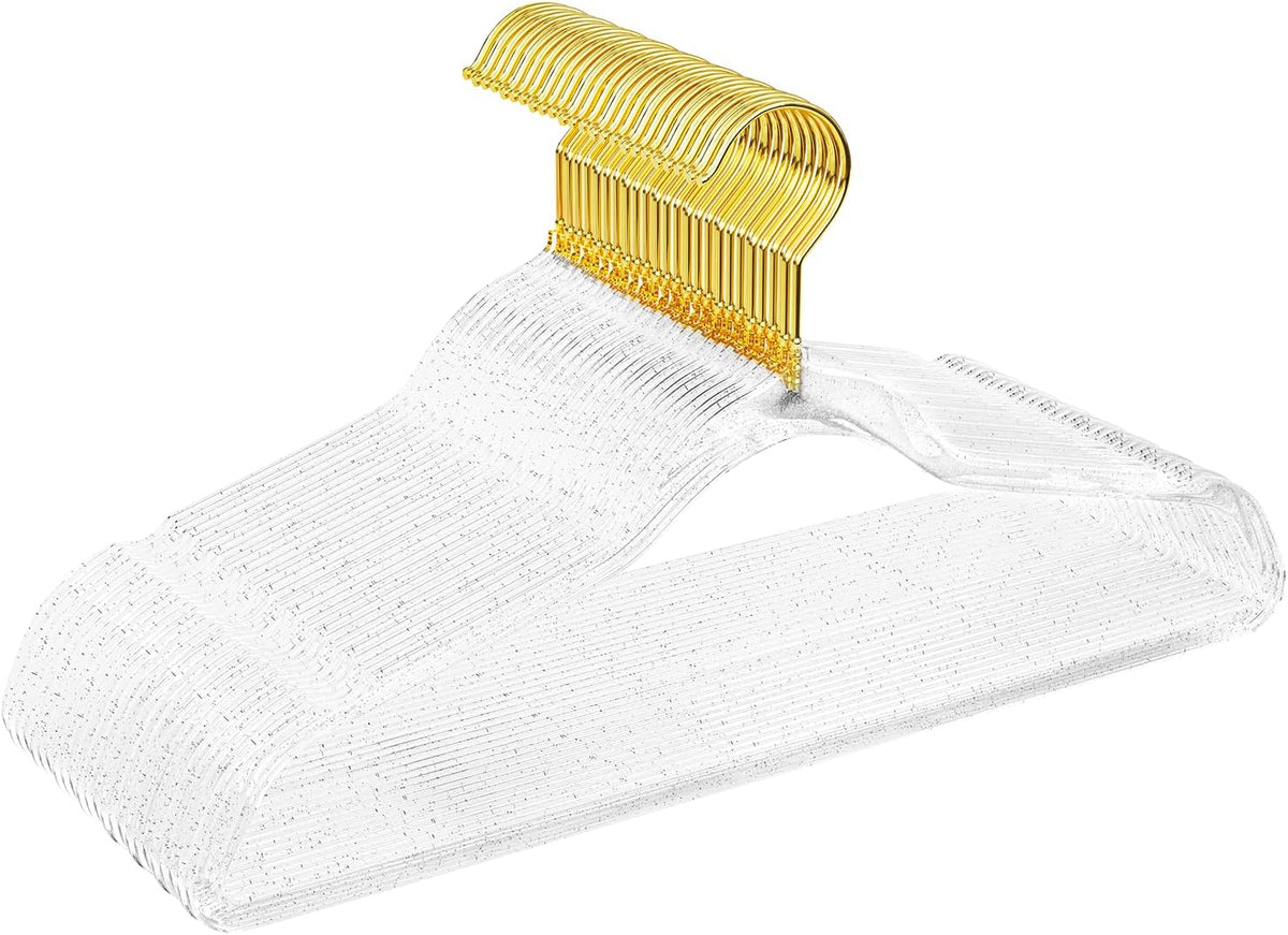 50 Pack Clear Acrylic Hangers with Silver Glitter, Space Saving
