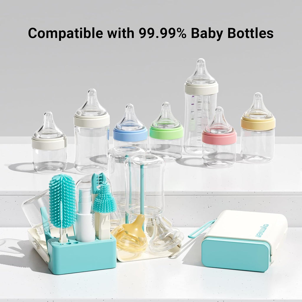 Aynmer Baby Bottle Brush Cleaner Set - 10 In 1 Travel Bottle Cleaning Brush Kit with Silicone Bottle Brush, Nipple Brush, Soap Dispenser, Portable Drying Rack, Breast Pump & Bottle Cleaning Kit -Green