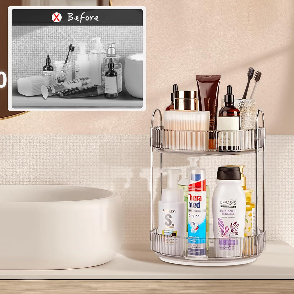 360 Rotating Makeup Organizer, 2 Tier Lazy Susan Bathroom Counter Organizer, Skincare Organizers, Spinning Perfume Organizer & Vanity Organizer Countertop (Classic Grey, 2 Tier)