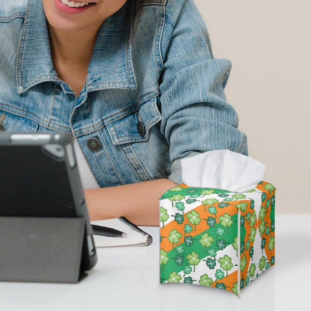 Happy St.Patrick's Day Napkin Tissue Box Cover PU Leather Modern Cube Tissue Case Holder for Bedroom Dresser, Tabletop, Nightstand, Dining Table Home Decoration,Green