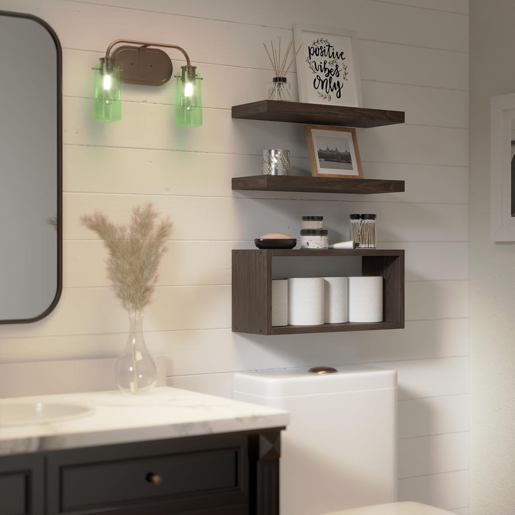 RICHER HOUSE 3-Set Walnut Floating Wall Shelves, Bathroom Shelf Over Toilet
