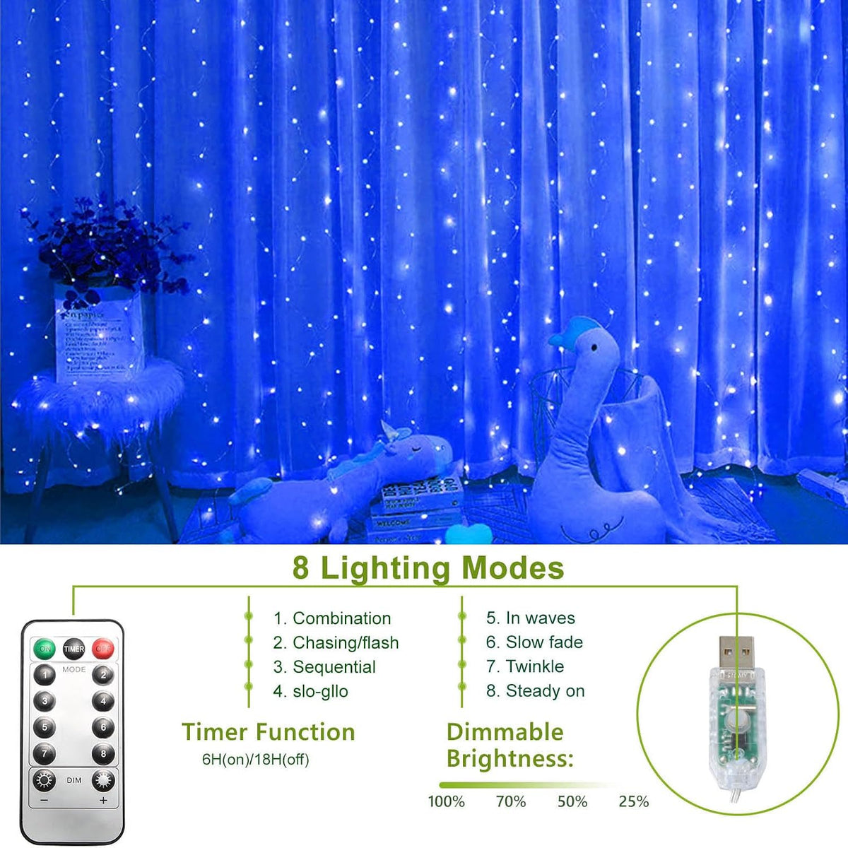 300 LED Fairy Lights, Twinkle Lights with 8 Light Modes, 9.8x9.8Ft Curtain String Lights Remote Control for Christmas, Bedroom, Indoor, Outdoor, Weddings, Party, Birthday Decor (Blue)