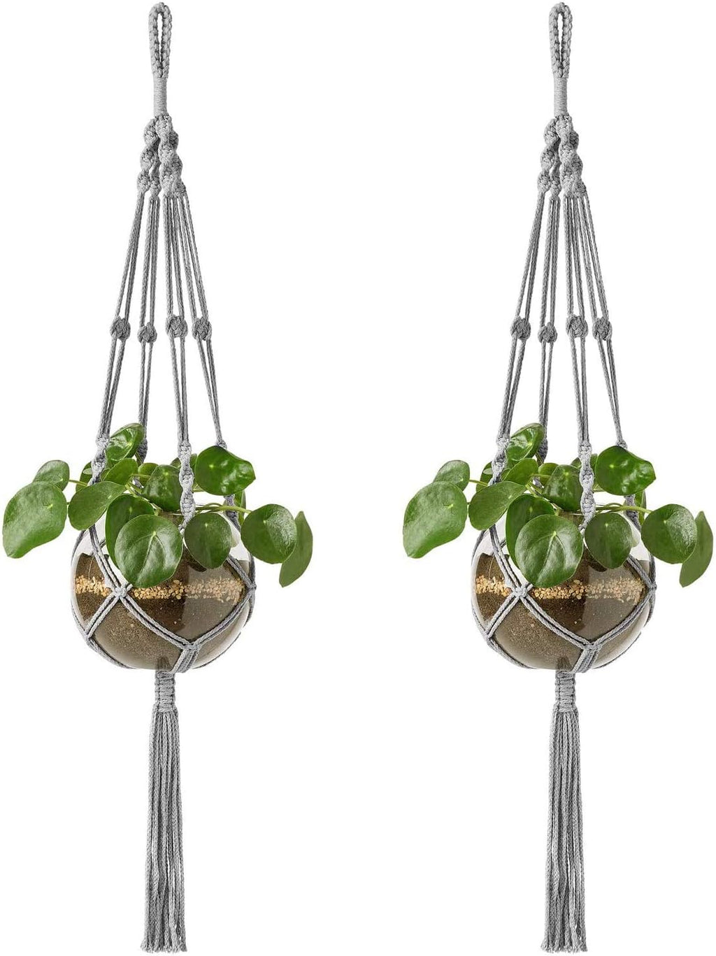 Mkono Macrame Plant Hangers Indoor Outdoor Hanging Planter Basket Cotton Rope 4 Legs 41 Inch, 2 Pack, Grey