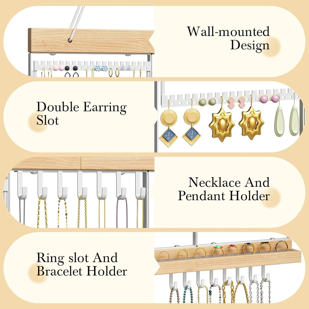 Large Rotating Hanging Jewelry Organizer, 5-Tier Wall Mounted Earring Holder for 180 Pairs, Jewelry Rack for Earrings, Necklaces, Bracelets & Rings, Necklaces, Bracelets & Rings, for Girls, White