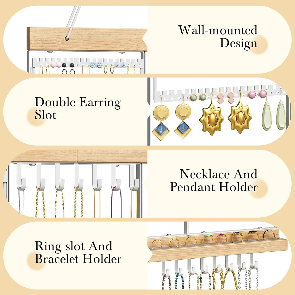 Large Rotating Hanging Jewelry Organizer, 5-Tier Wall Mounted Earring Holder for 180 Pairs, Jewelry Rack for Earrings, Necklaces, Bracelets & Rings, Necklaces, Bracelets & Rings, for Girls, White
