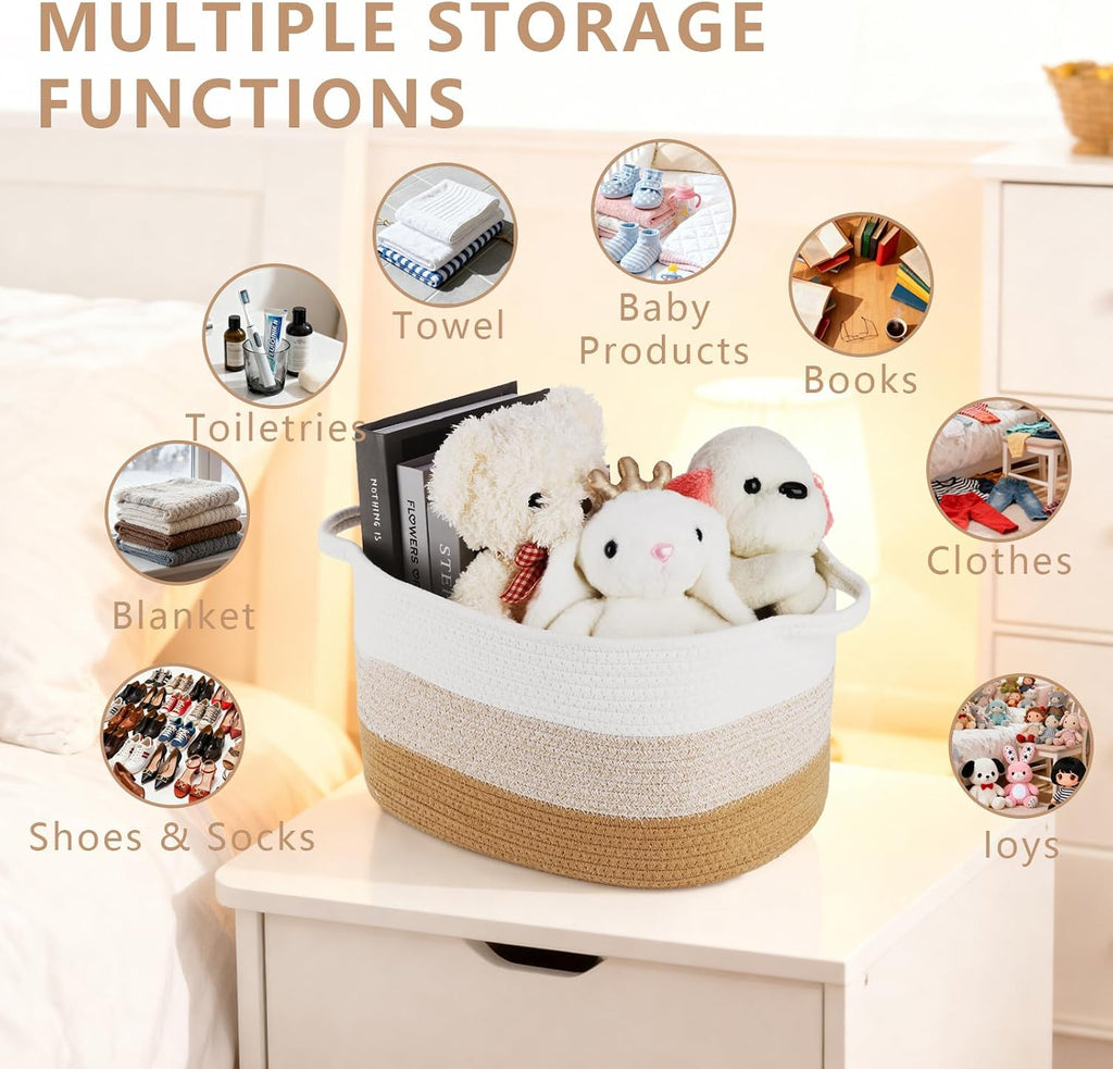 Cotton Rope Braid Storage Basket for Baby Carrier Toy Storage Bag Gift Basket for Kids Laundry Basket Baby Blanket Storage Measures 15x10x10 inches. (Khaki White)