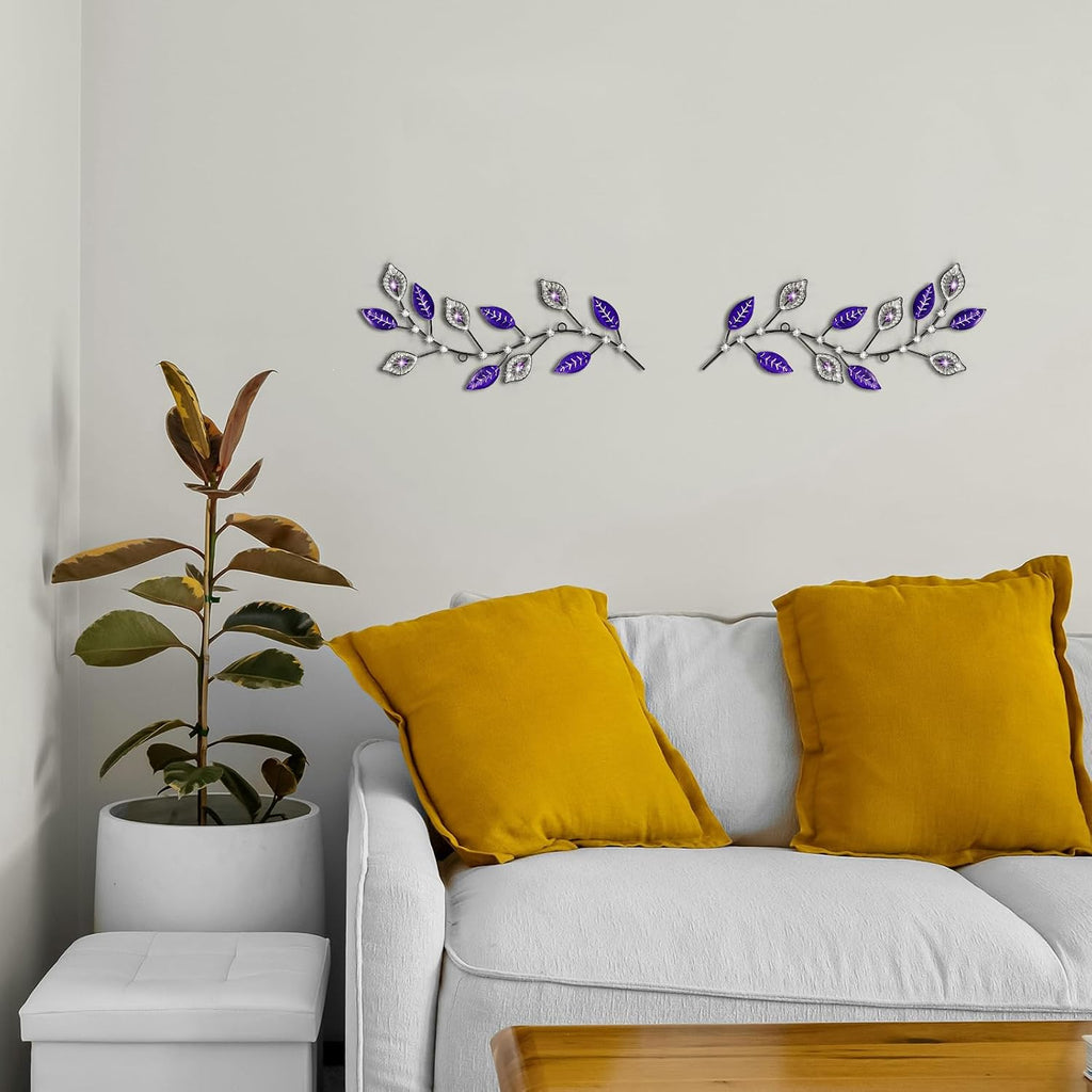 sxnzequnze 2 Set Metal Tree Leaf Wall Art for Home Decor Living Room Bedroom Dining Room Bling Rhinestone, 3D, Iron Branch Hanging Leaf Sculpture Art Pieces -Purple 16.5in*6.7in