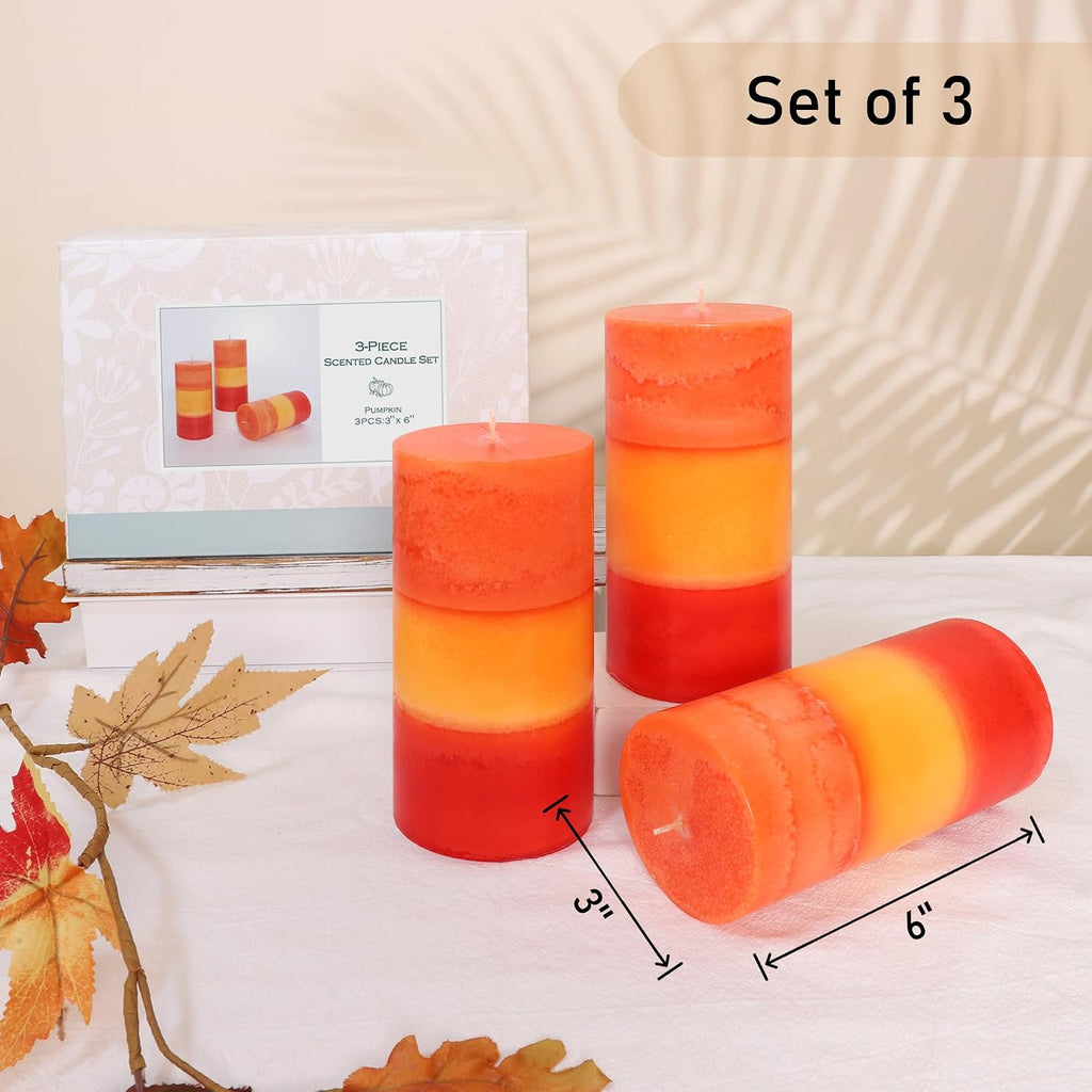 3×6 Inch Orange Pillar Candles, Pumpkin Scented Pillar Candles - Long Burning 70+ Hours, Dripless & Smokeless, Aromatherapy Candles for Thanksgiving Fall Décor, Set of 3