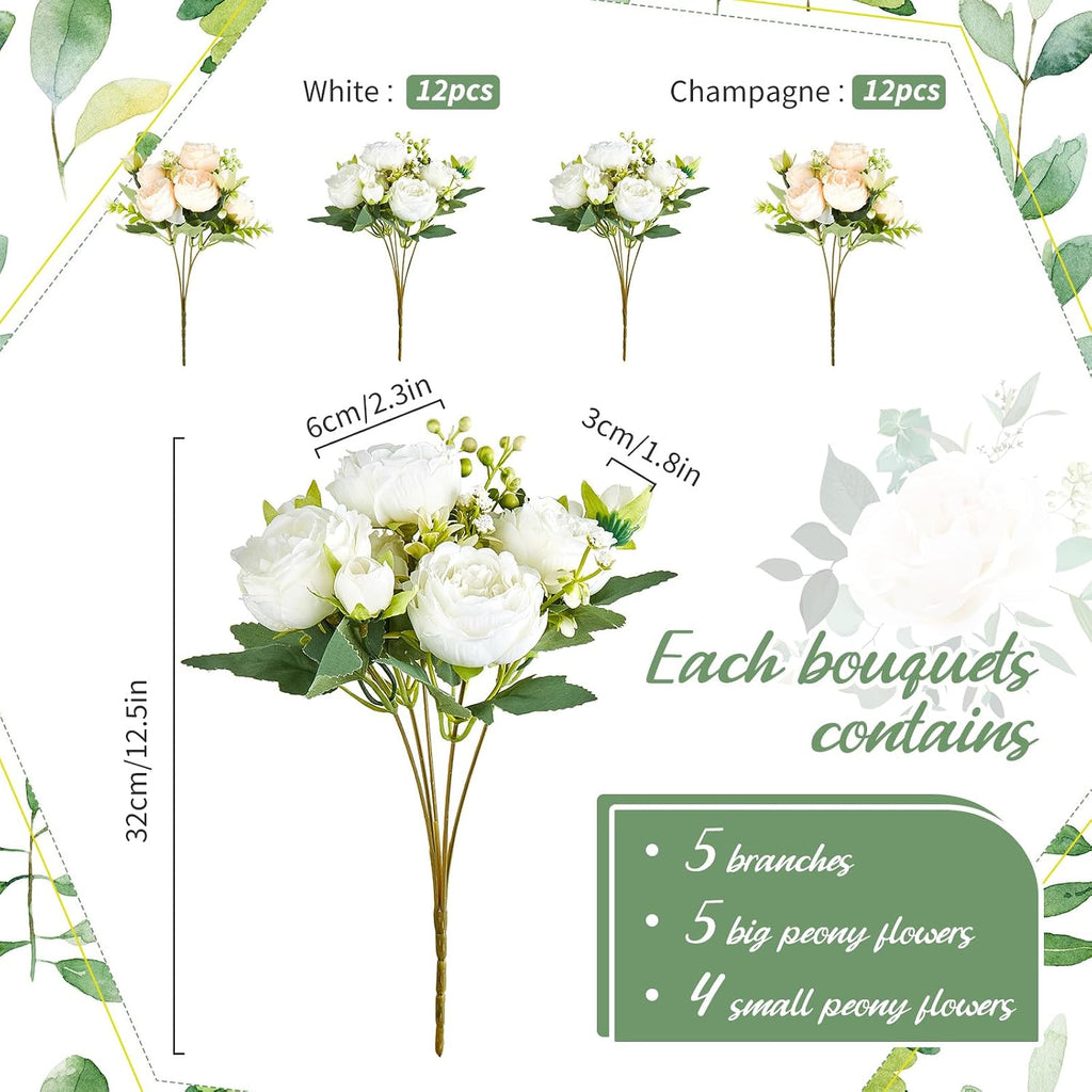Jexine Artificial Peonies Flowers, White, Champagne, 24 Bundles