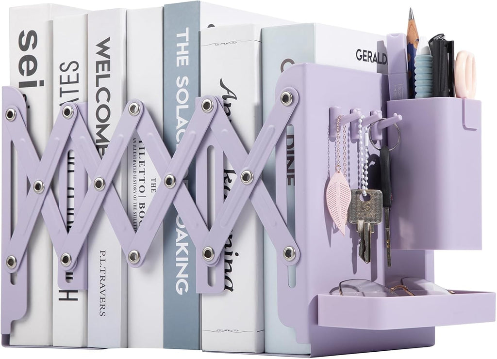Adjustable Bookends, 19" Metal Book Ends for Heavy Books, 2 Dividers Bookends with Removable Pen Holder, Tray, and 3 Hook-up, Book Organizer for Office, School, Bookstore, Home