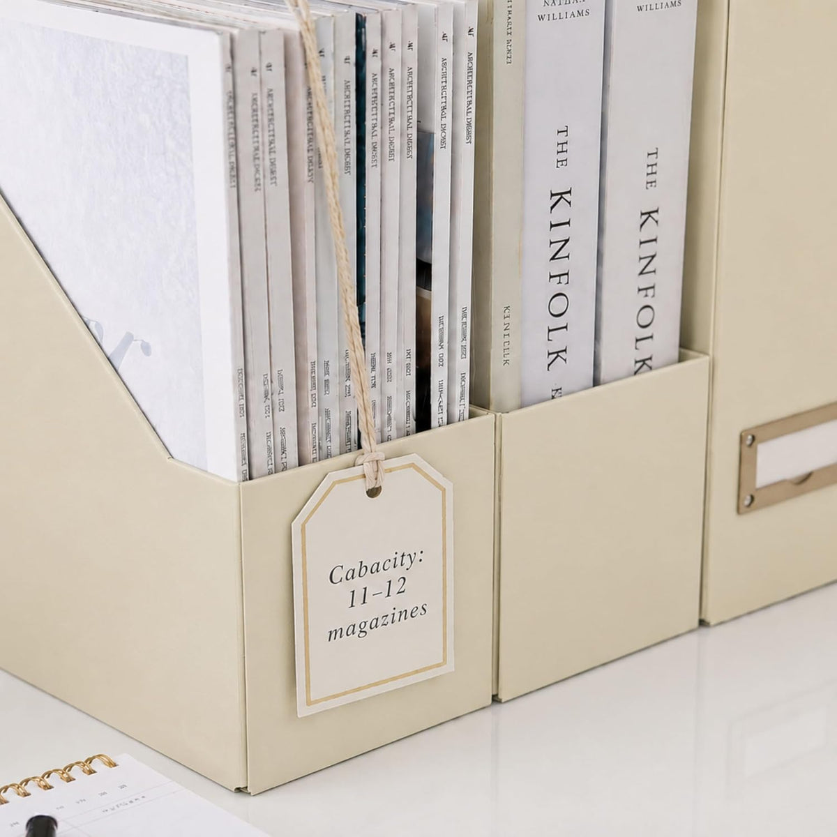 BLU MONACO | Cardboard Magazine File Holder Set of 6 | Vertical Magazine File Holder with Label Slots | Beige Linen Foldable File Organizers for Desk Shelf Office