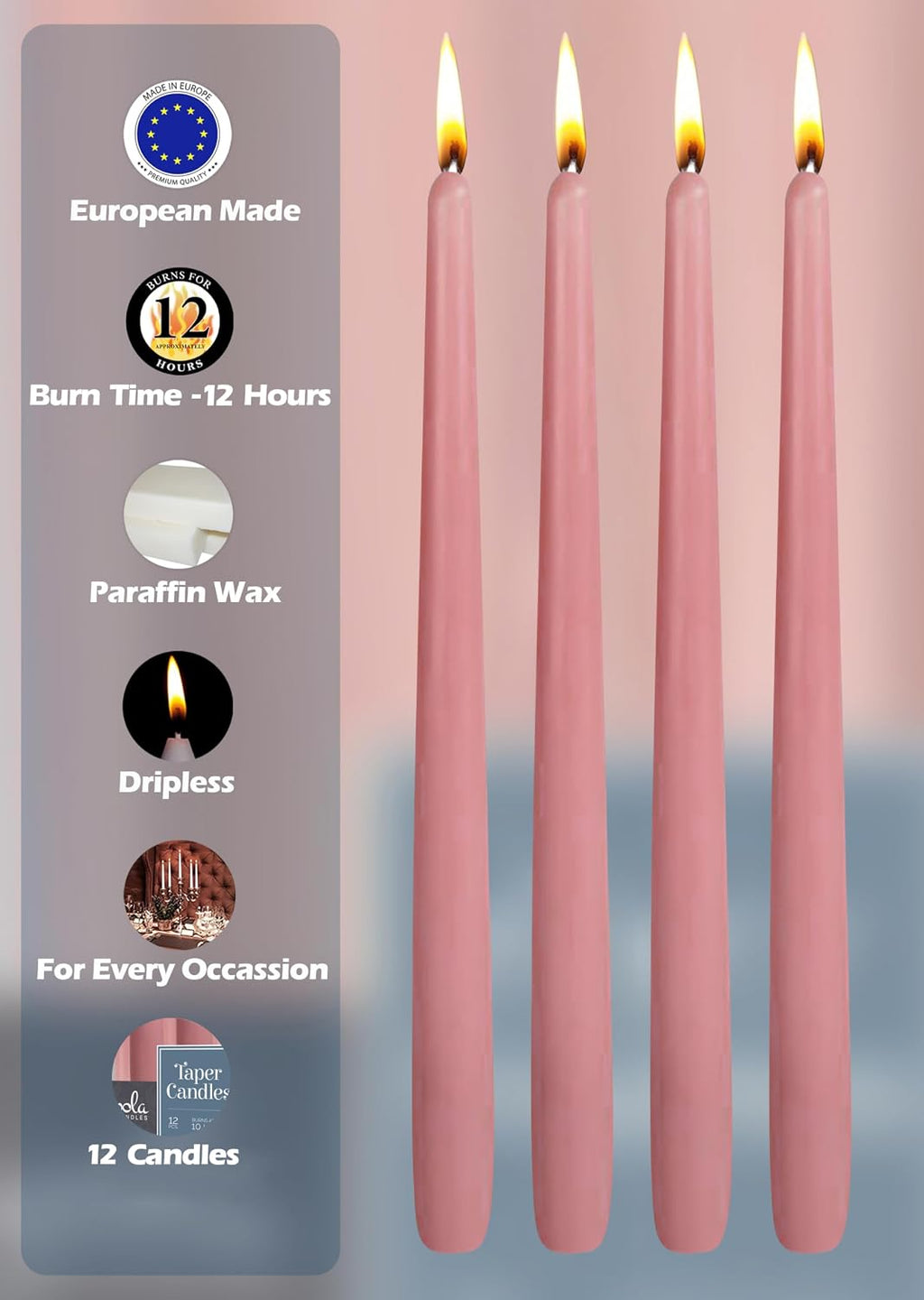 Hyoola 12 Pack Tall Taper Candles - 14 Inch Rose Pink Dripless, Unscented Dinner Candle - Paraffin Wax with Cotton Wicks - 12 Hour Burn Time