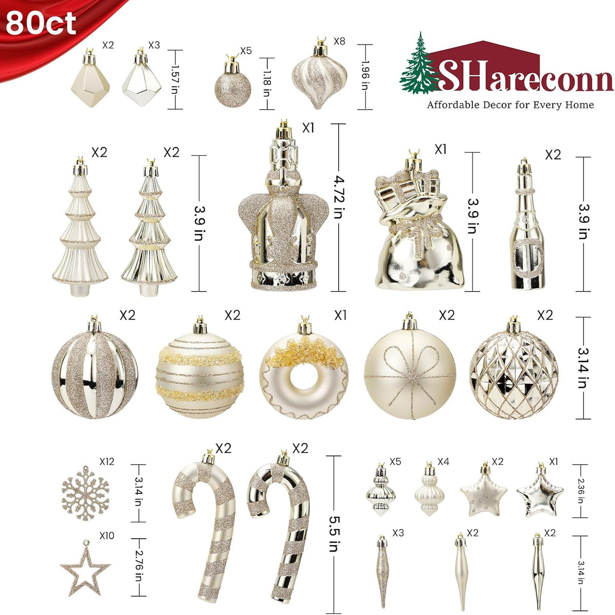 SHareconn 80pcs Christmas Balls Ornaments Set Tree Decor Champagne Gold