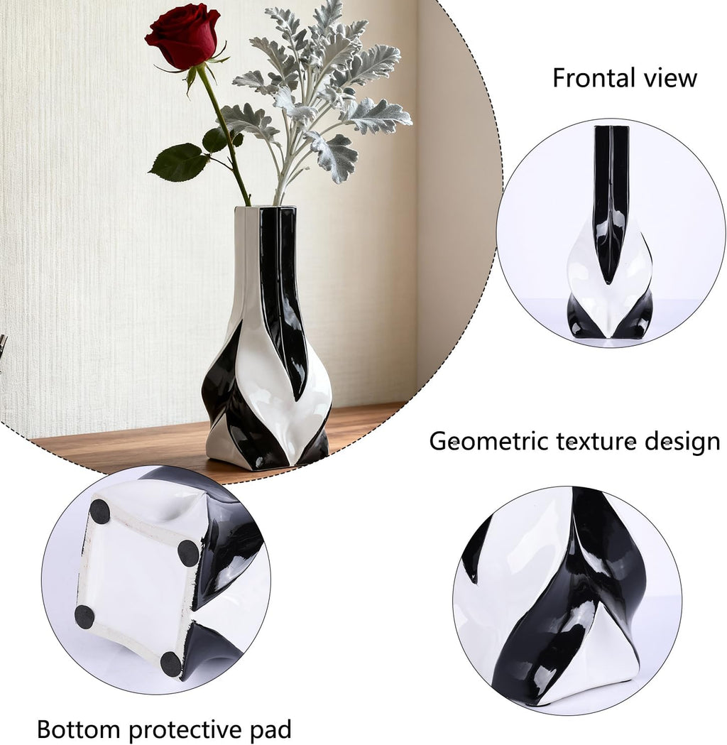 10.6" Black and White Ceramic Vase, Modern Geometric Flower Vase for Dining Table Centerpiece, Elegant Decorative Vase for Pampas Grass, Living Room, Bedroom, Office, Tabletop Decoration