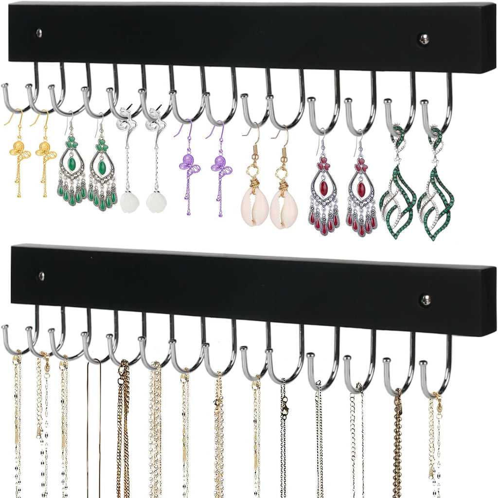 2-Pack Necklace Holder Wall-Mounted Wooden Jewelry Organizer with 28 Hooks