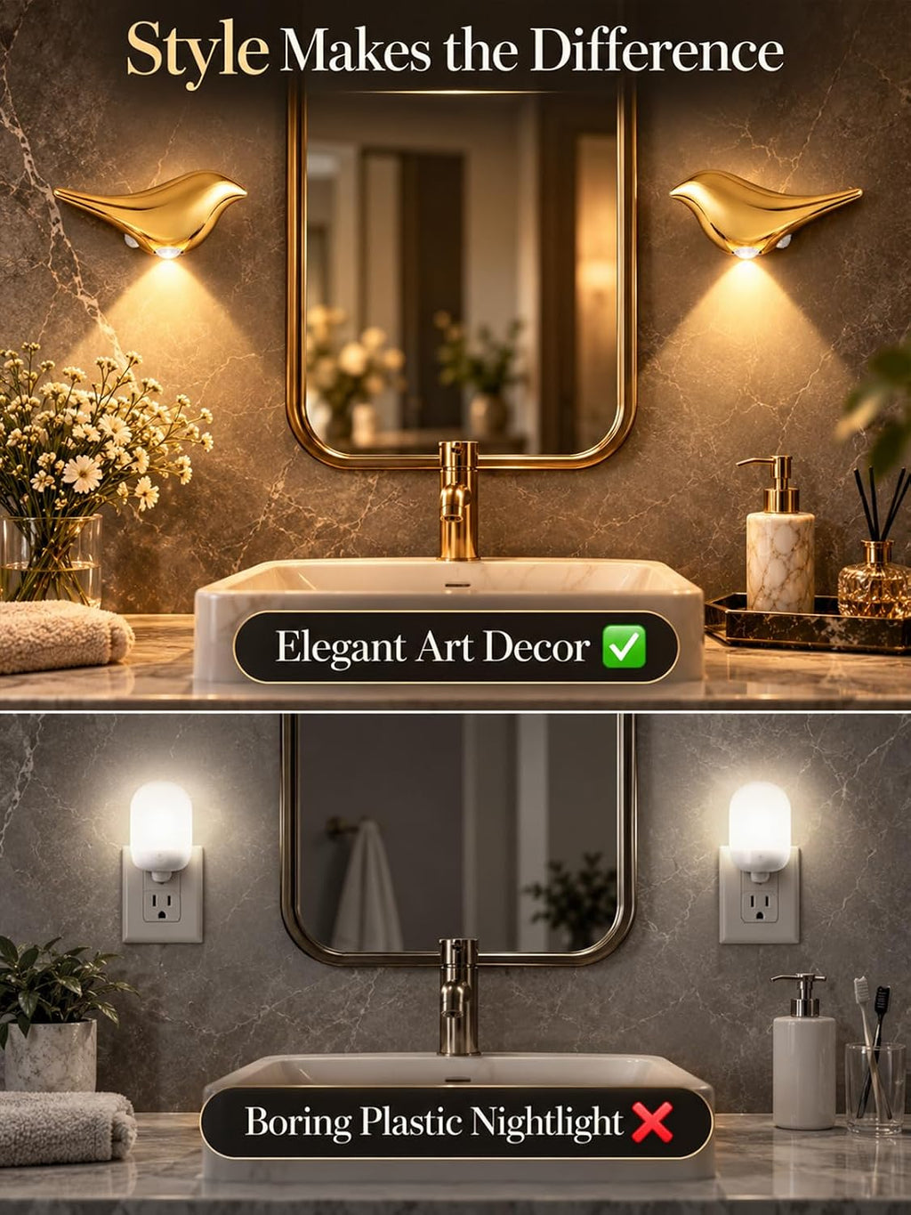 Cordless Gold Wall Lights for Bathroom: Decorative Bird Sculpture 2 Pack