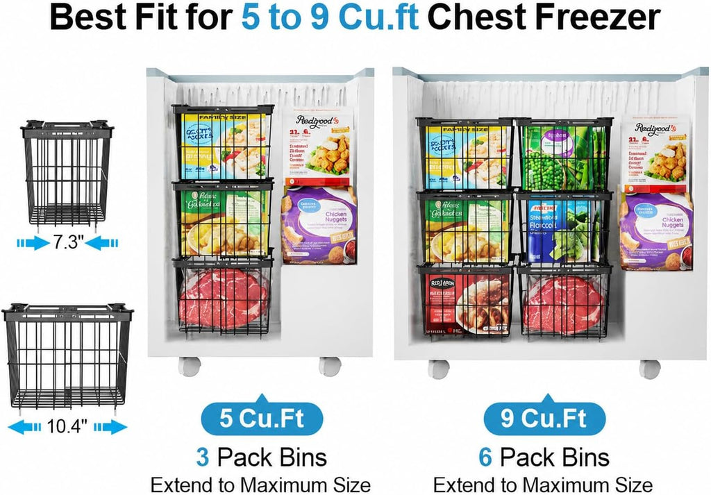 Freezer Organizer Bins - 3 Pack Adjustable Width for 5 to 7 Cu Ft Chest Freezers, Extra Height Stackable Freezer Wire Storage Baskets for Deep Freezer Organization, Black