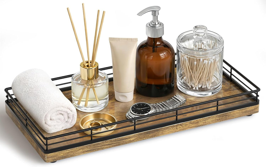 Bathroom Vanity Tray for Countertop, 12" x 6" Wood Toilet Tank Tray