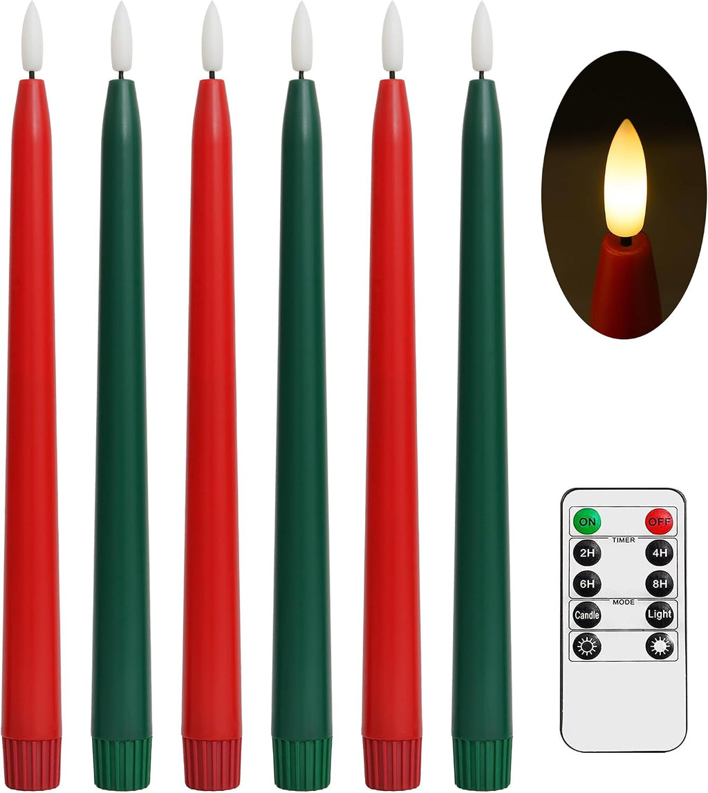 Stmarry Green and Red Flameless Taper Candles with Remote Control - 11 Inch LED Candlesticks Battery Operated, Realistic 3D Flame with Wick, Timer, 6 Pack Holiday Candles Christmas Decor