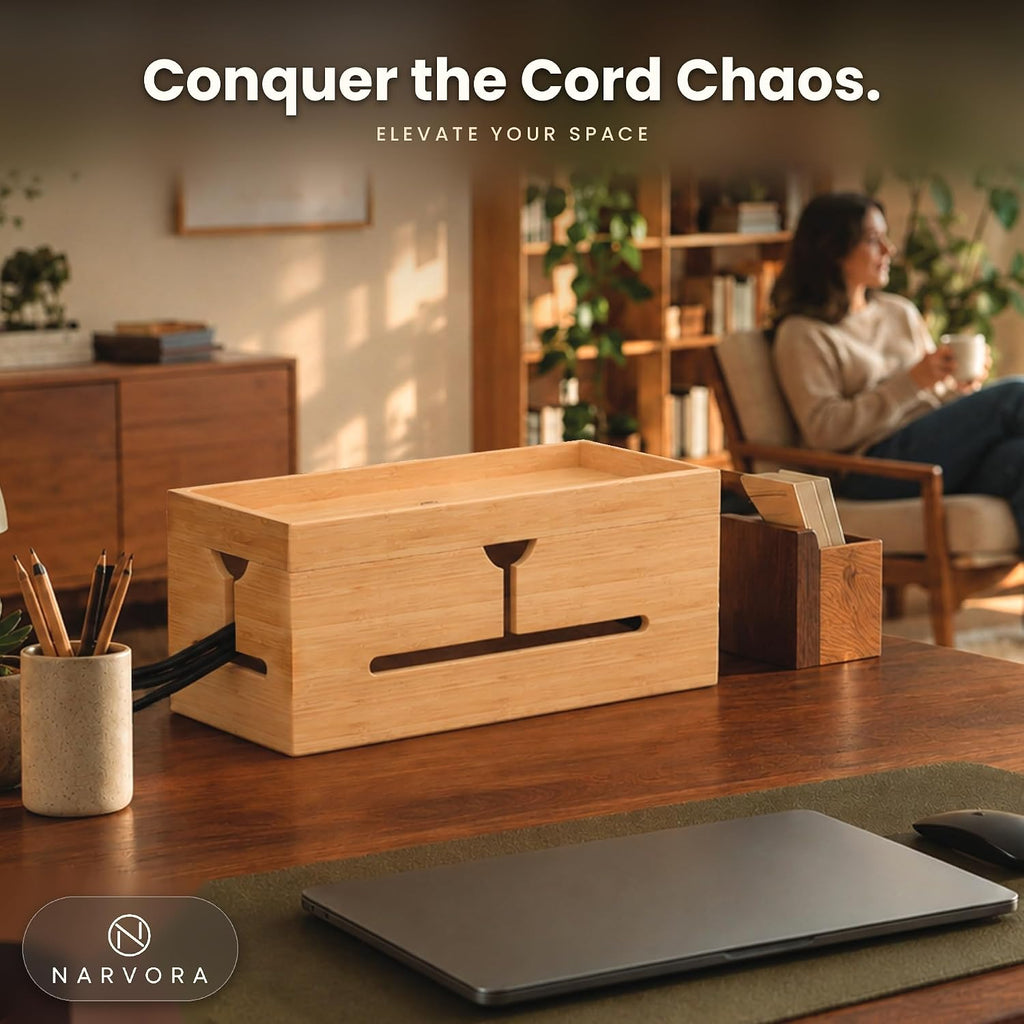 Bamboo Cable Management Box, Large 13.4” Wooden Cord Organizer Box
