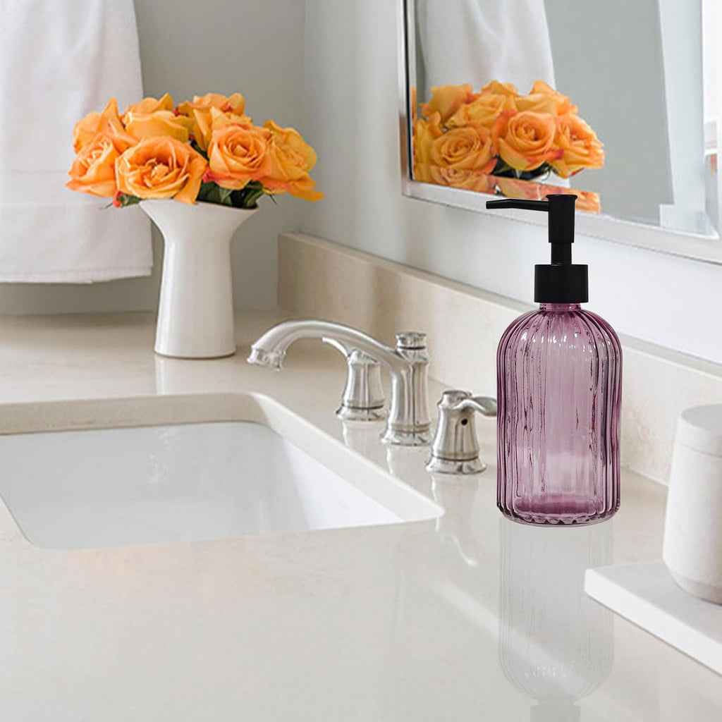 Black Pump Glass Soap Dispenser, 13.5oz, Purple Stripe