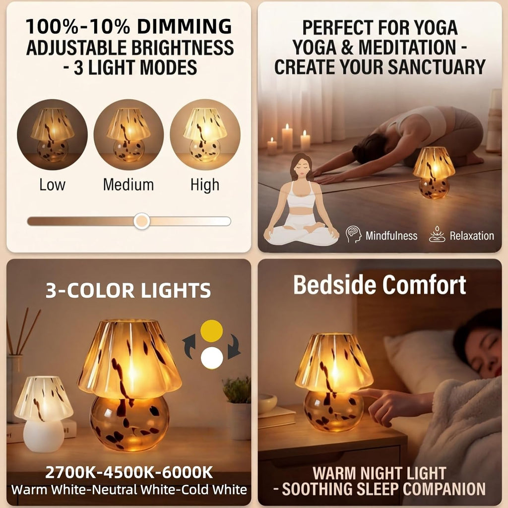 Glass Mushroom Lamp 3-Color Dimmable Table Lights for Home Decor