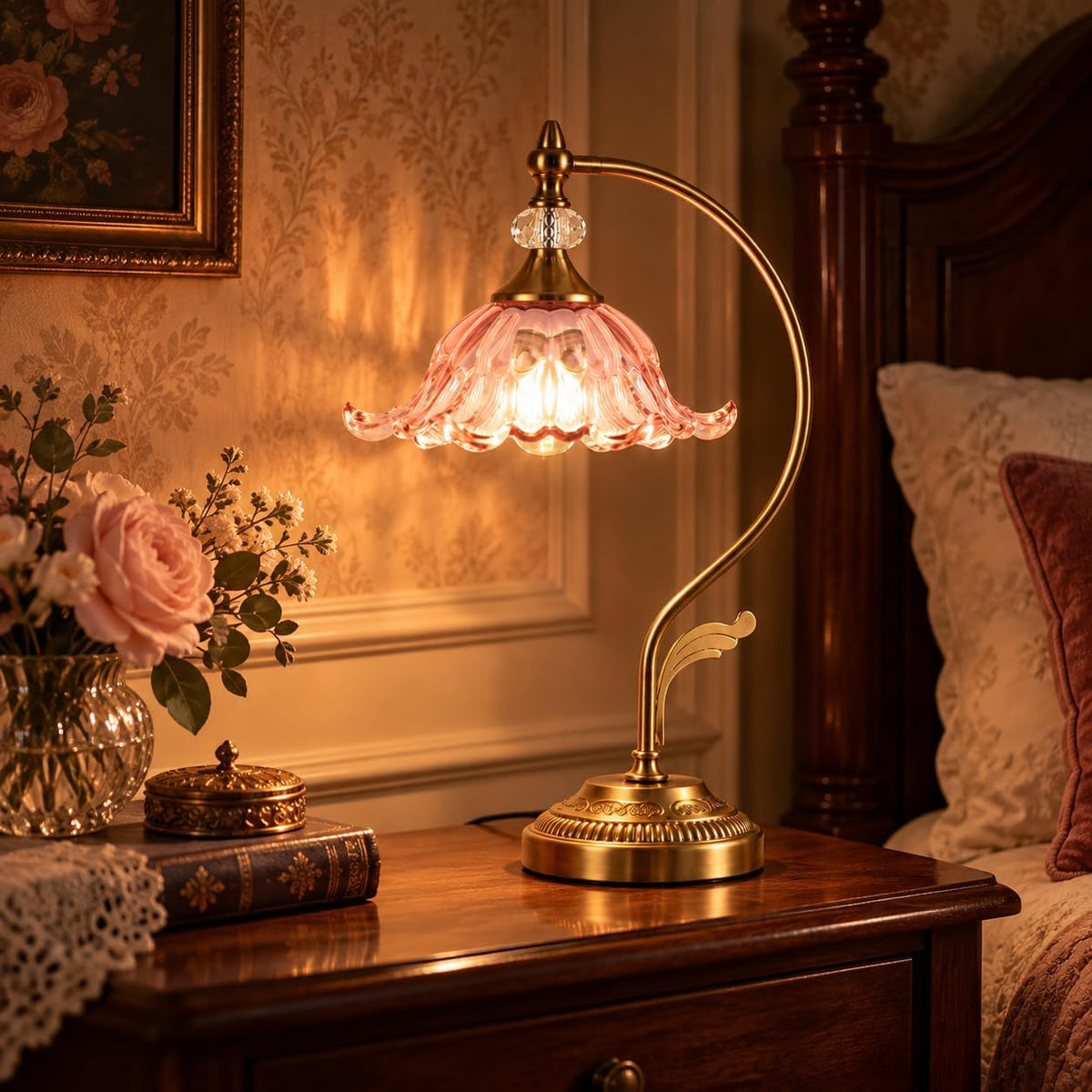 Vintage Floral Table Lamp, Plug in Mid-Century Modern Desk Lamp with Pink Glass Shade, Gold Bedside Table Lamp Dimmable for Bedroom Living Room Home Office