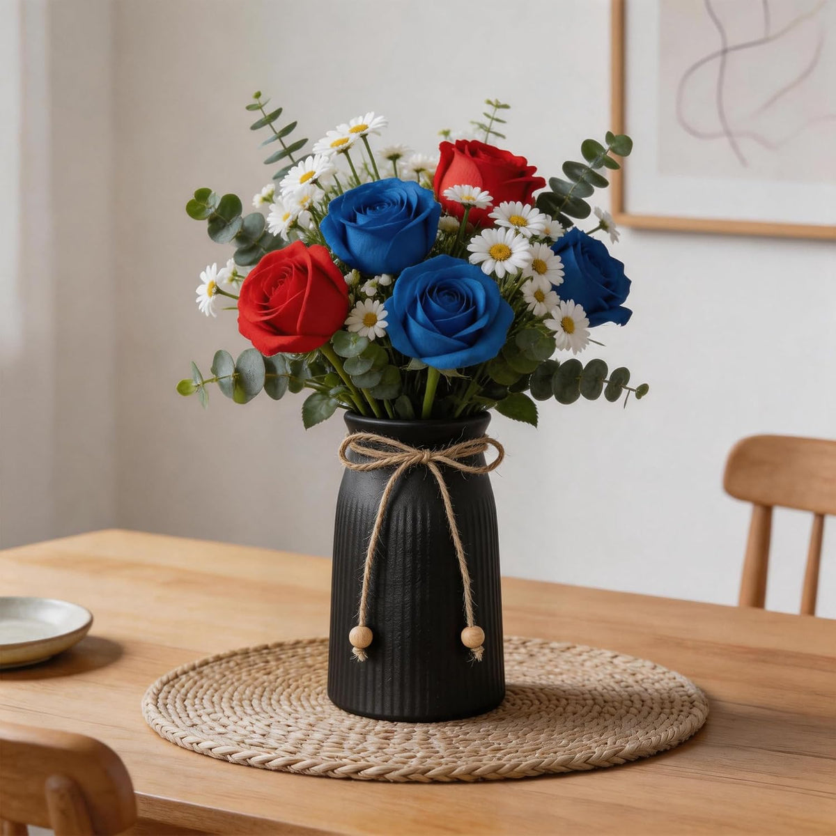 Small Ceramic Vase for Home Decor, 6" Farmhouse Ribbed Vase with Twine Bow, Black Decorative Flower Vase for Pampas Grass, Rustic Boho Vase for Table, Shelf, Living Room, Office