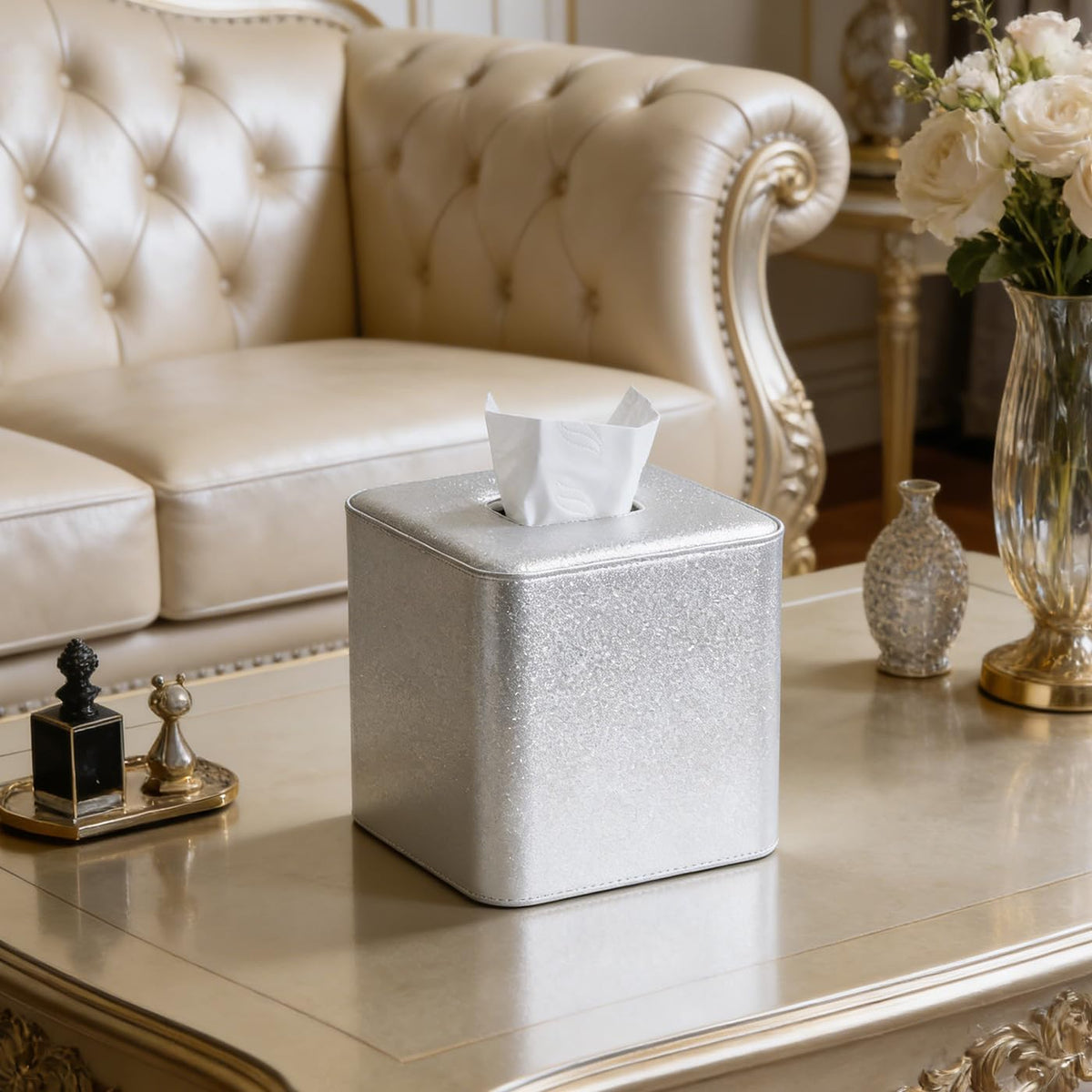 GORESE PU Leather Tissue Box Cover Square, Decorative Tissue Box Holder for Kleenexs, Tissue Cover for Vanity, Bathroom, and Office, Elegant Shimmer Cube Tissue Box (Silver)