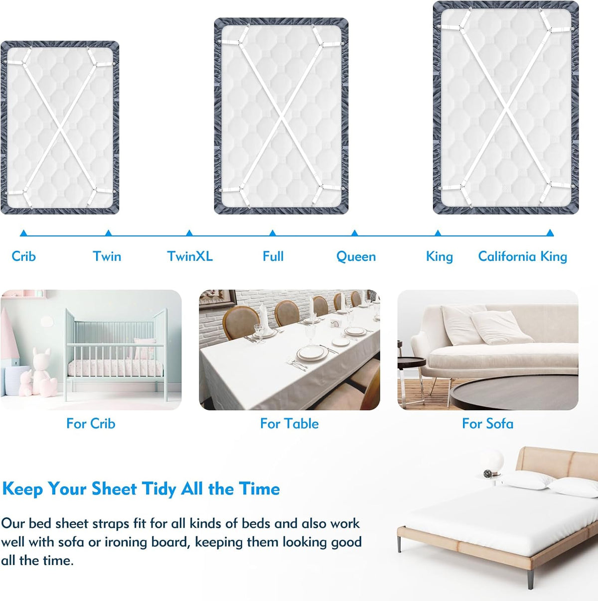Bed Sheet Straps, 2Pcs Elastic Adjustable Bed Sheet Holder Straps, Fitted Sheet Straps to Hold Sheets in Place with Metal Clips, Sheet Holders for Mattress Cover, Sheet, Sofa Cushion (White)