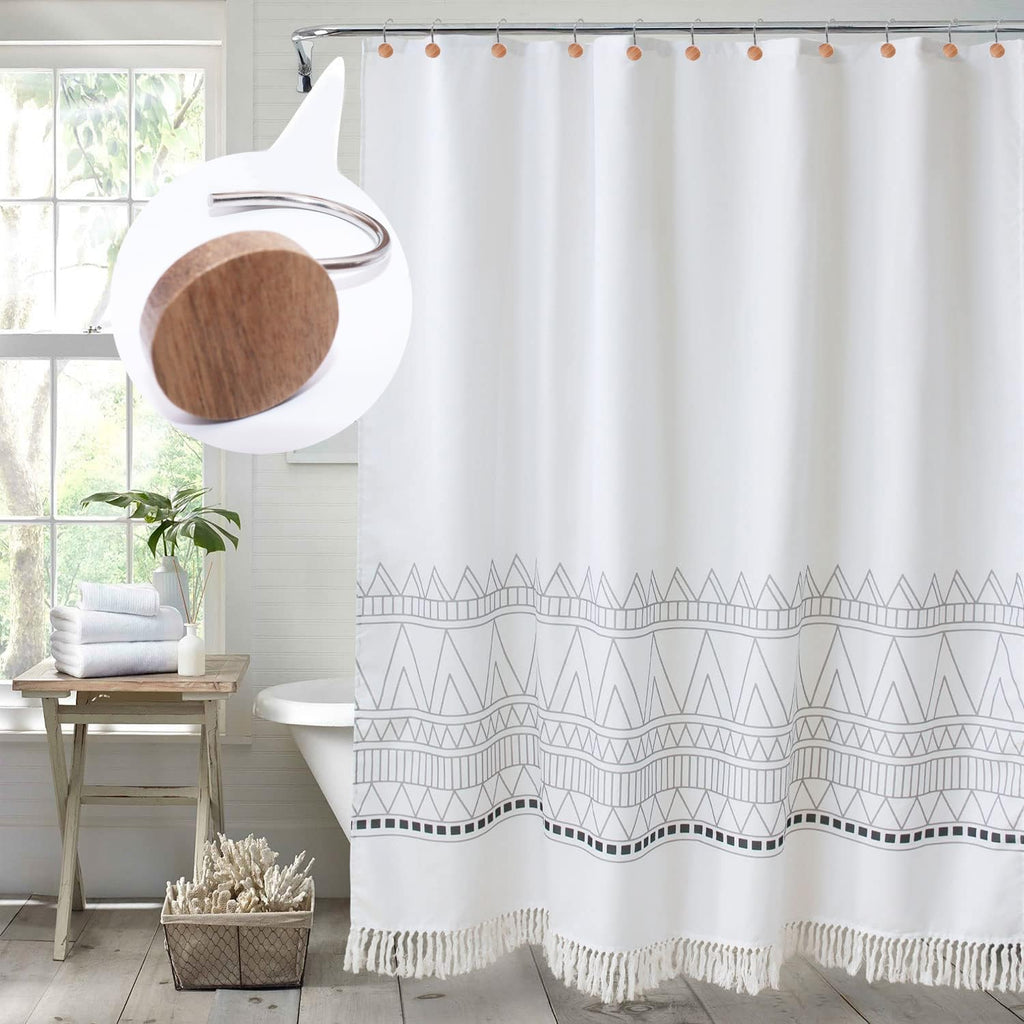 Shower Curtain Hooks, Wood Decorative Shower Curtain Rings, Modern Round Log Shower Curtain Hangers, 12PCS Shower Hooks for Shower Curtain Rod, Bedroom, Living Room (Silvery)