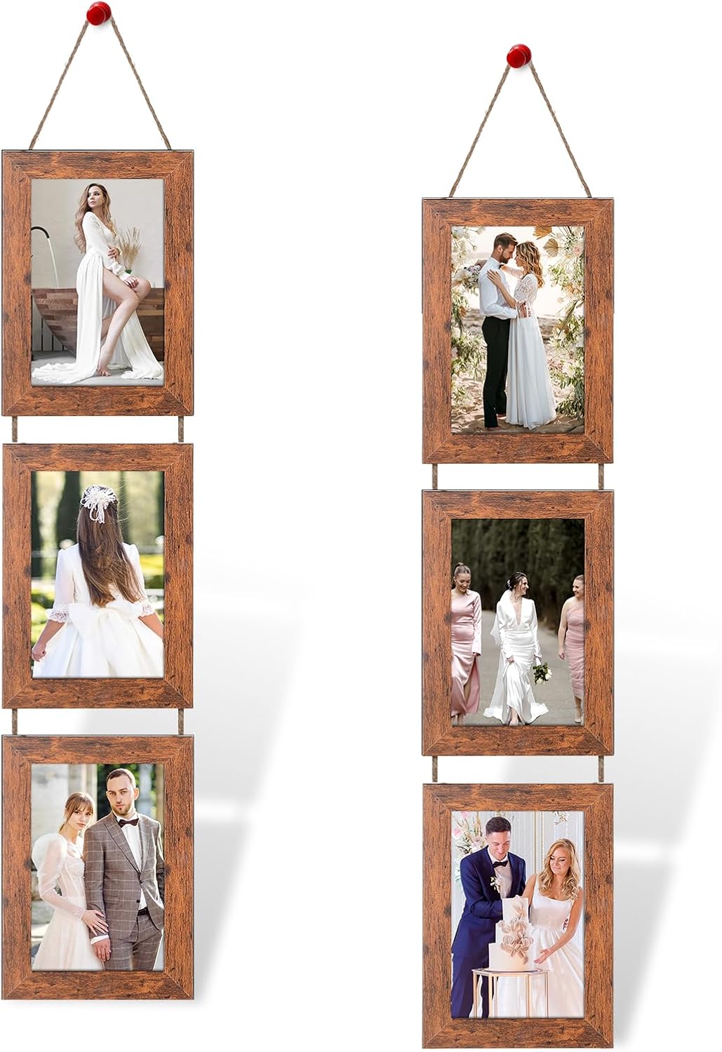 5x7 Rustic Brown Hanging Collage Picture Frames Set of 2, 3 Openings Collage Photo Frames Rustic Wooden Real Glass Vertical Hanging