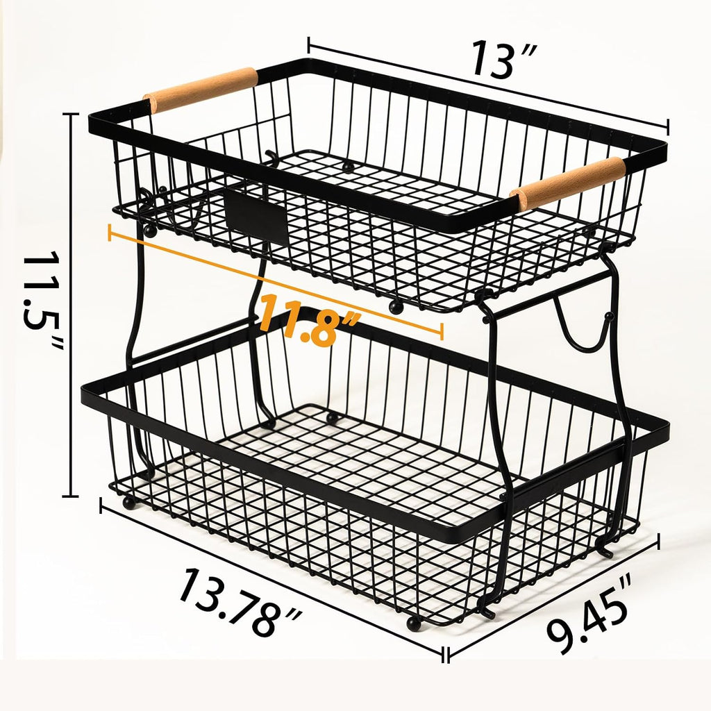 2 Tier Fruit Basket with 2 Banana Hangers, Fruit Bowl for kitchen counter with Wooden Handle, Detachable Large Capacity Fruit Holder Stand for Vegetable Bread Snack Produce Storage