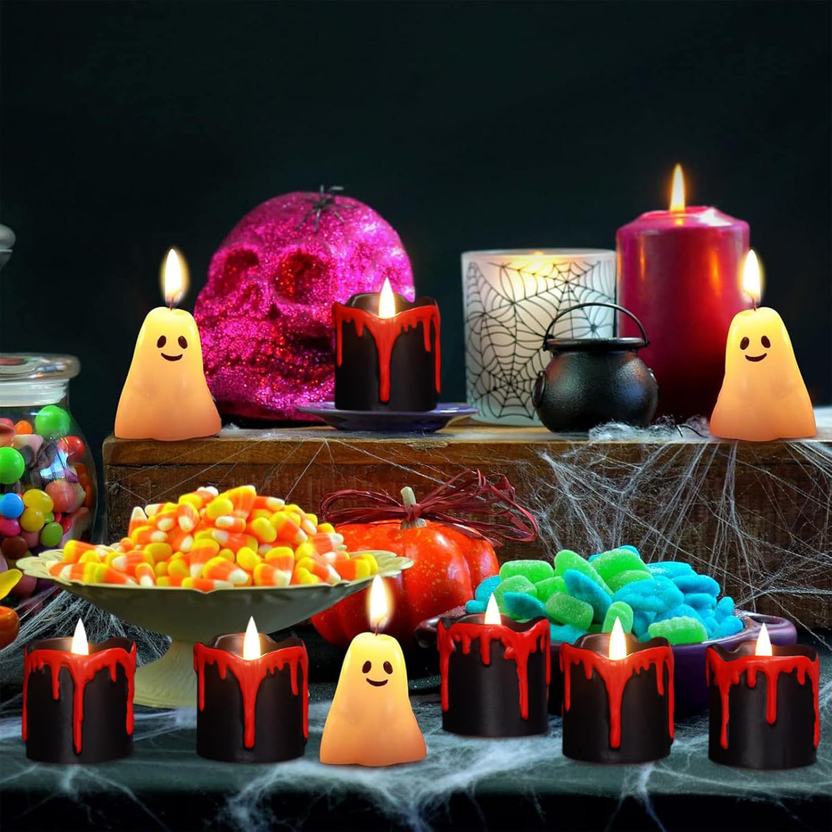 Eldnacele Halloween Flameless Votive Candles Battery Operated with Timer