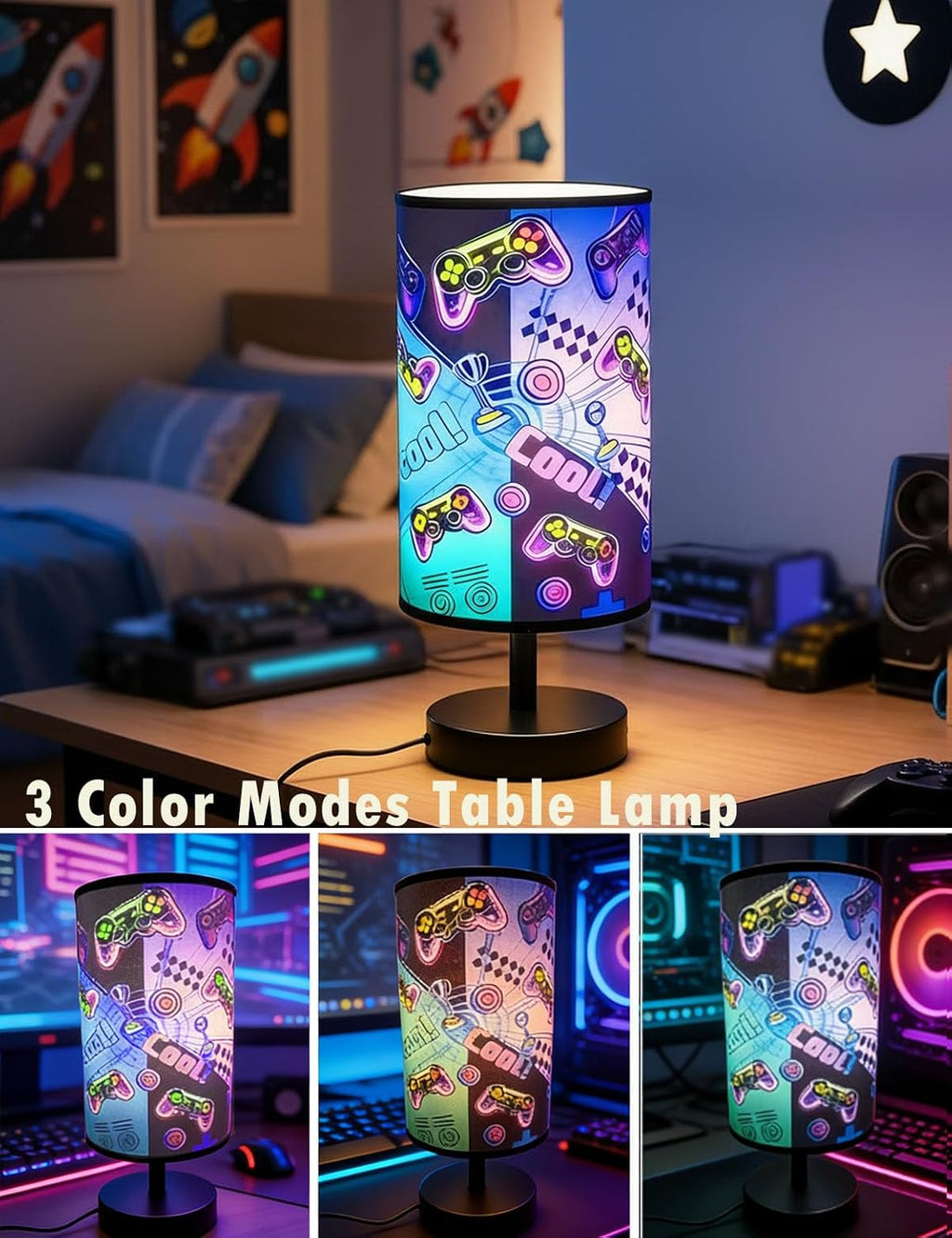 Gamer Room Decor for Boys, Gaming Lamp 3 Colors Nightstand Light, Round Base Flaxen Fabric Desk Lamp for Kids Room, Gaming Lamp Gift for Boys with LED Bulb Included