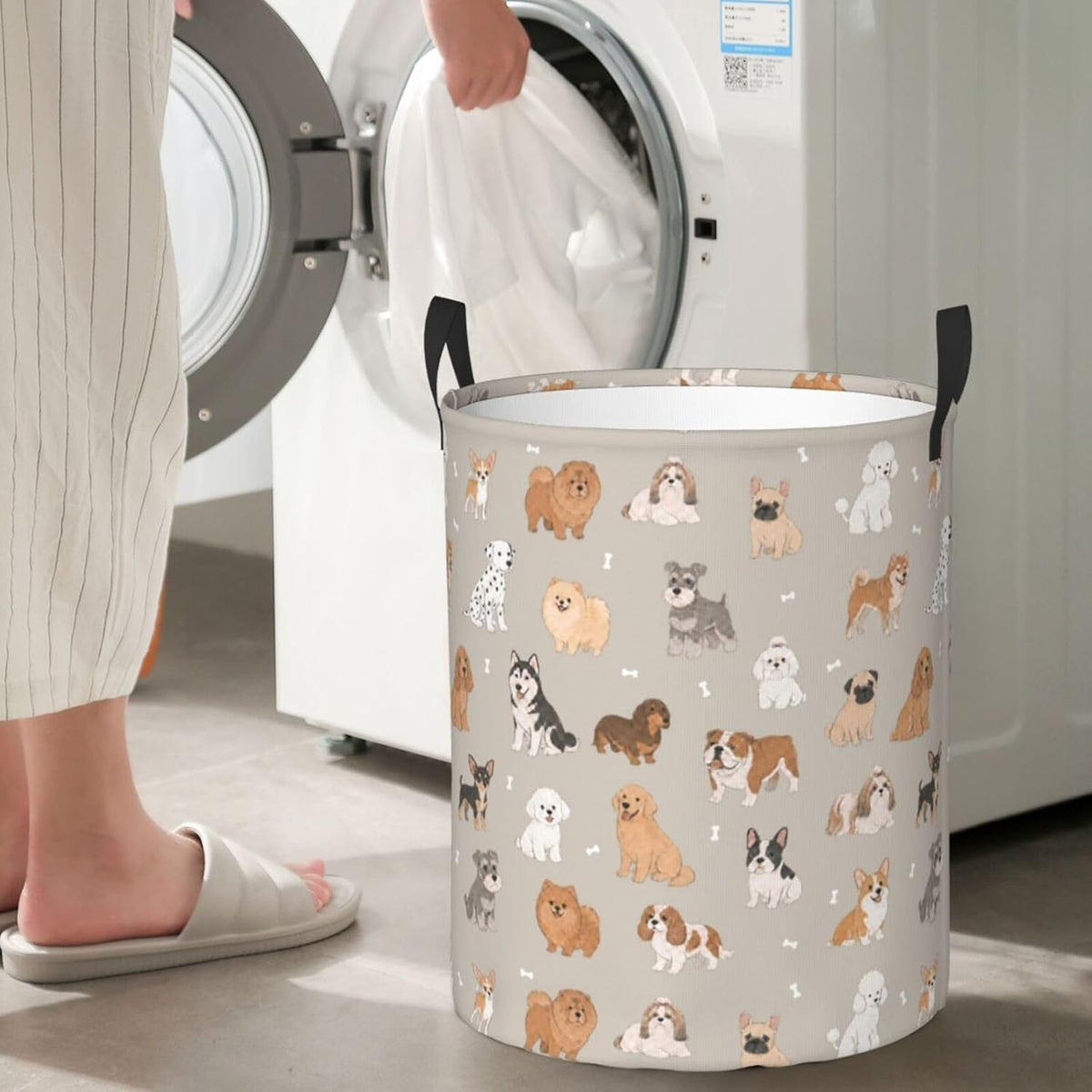 Cute Dog Animals Beige Round Laundry Hamper Storage Basket Toys Clothes Organizer Bin For Home Bathroom Bedroom Dorm Nursery, 62l