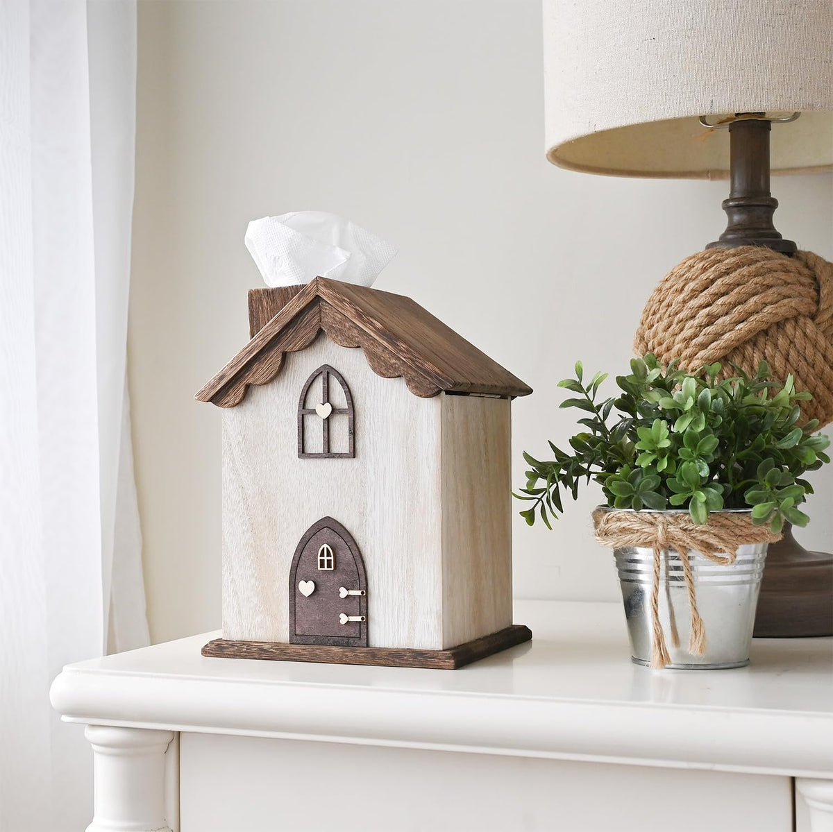 Ikee Design Farmhouse Wooden Square Tissue Box Cover, Brown Color