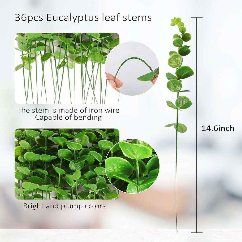 RECUTMS 36Pcs Artificial Tender Green Eucalyptus Leaves Stems 14.6 inch