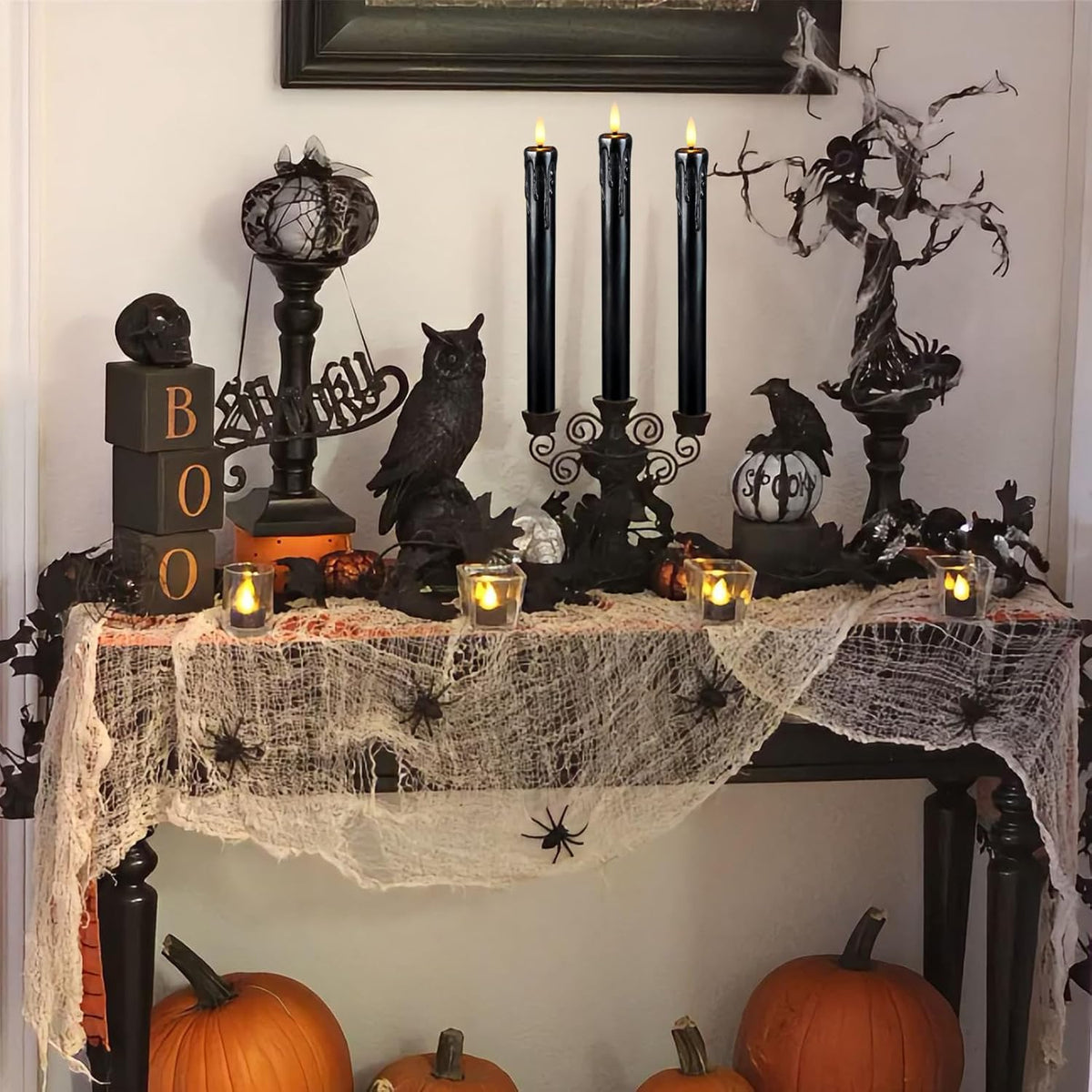 Black Flameless Taper Candles, Halloween Indoor Party Decorations, Real Wax