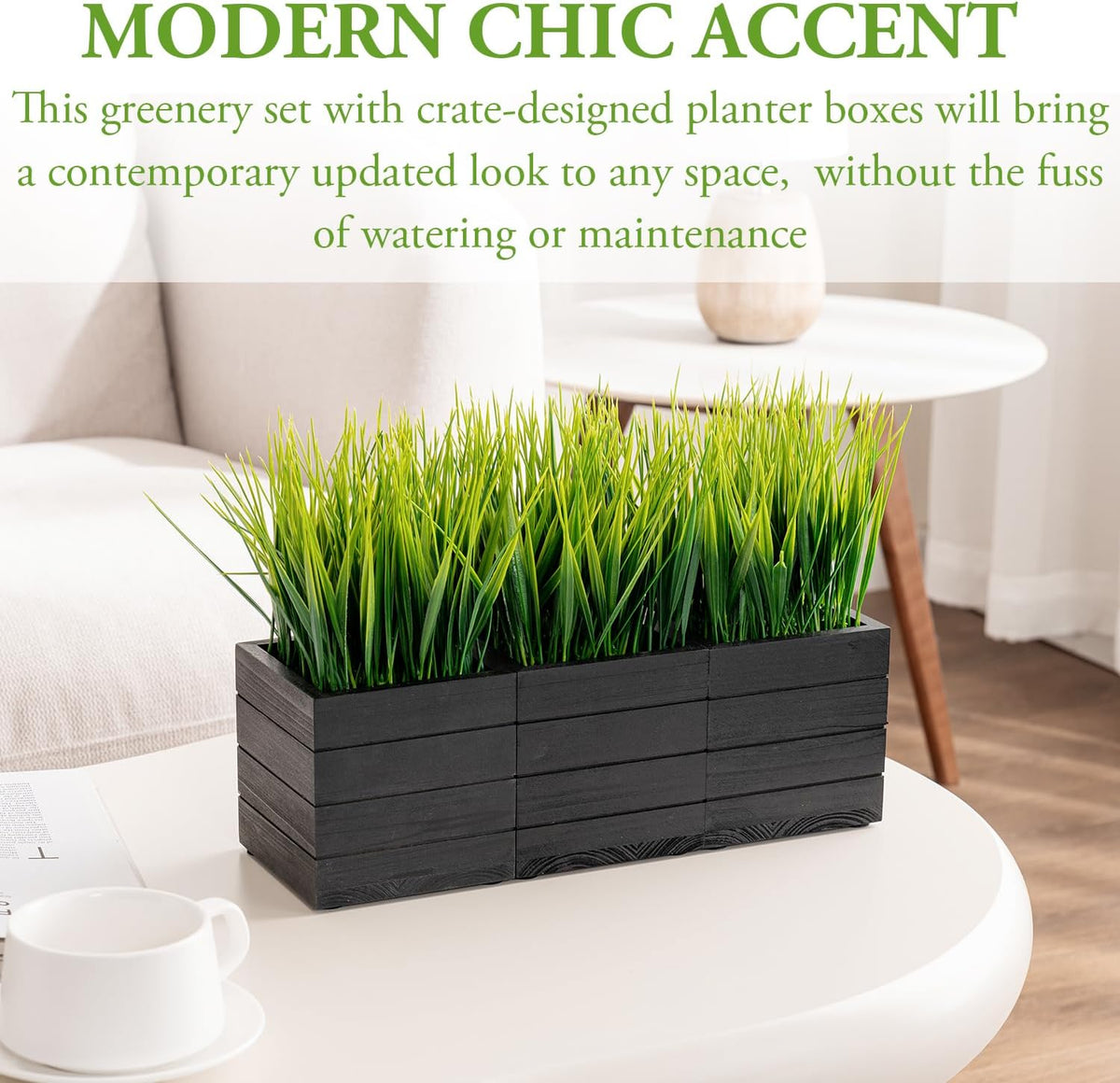 MyGift Artificial Green Grass Plants in Vintage Black Wood 4 Inch Planter Boxes, Faux Greenery in Decorative Square Crate Style Wooden Containers, Set of 3