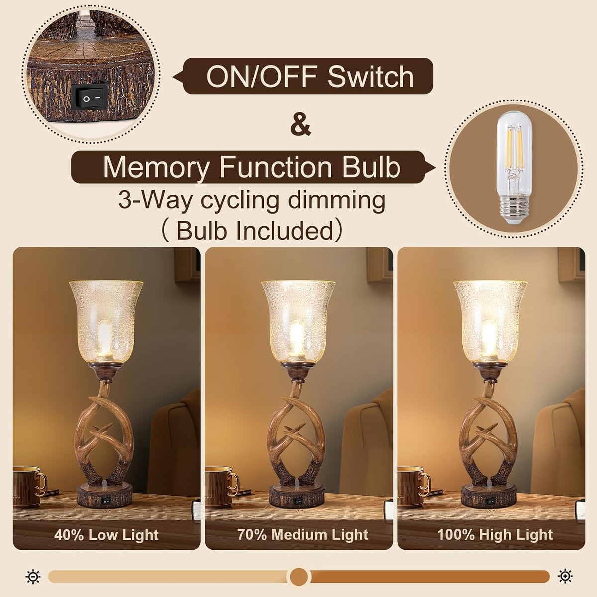 Scenekoy 20.5" Antler Table Uplight Lamp with USB Ports, Memory Function