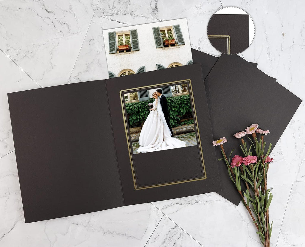 Golden State Art, Pack of 10, 5x7 Photo Folders, Cardboard Picture Frame, Paper Frame Cards, Greetings/Invitation Special Events: Graduation, Christmas (Black with Gold Lining)