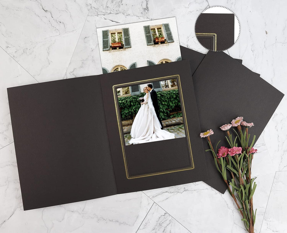 Golden State Art, Pack of 10, 5x7 Photo Folders, Cardboard Picture Frame, Paper Frame Cards, Greetings/Invitation Special Events: Graduation, Christmas (Black with Gold Lining)