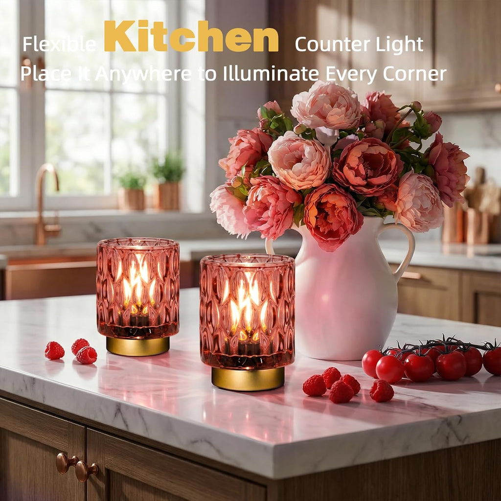 Battery Operated Table Lamp Timer, Small Cordless Lamps Decorative, 2 Pink