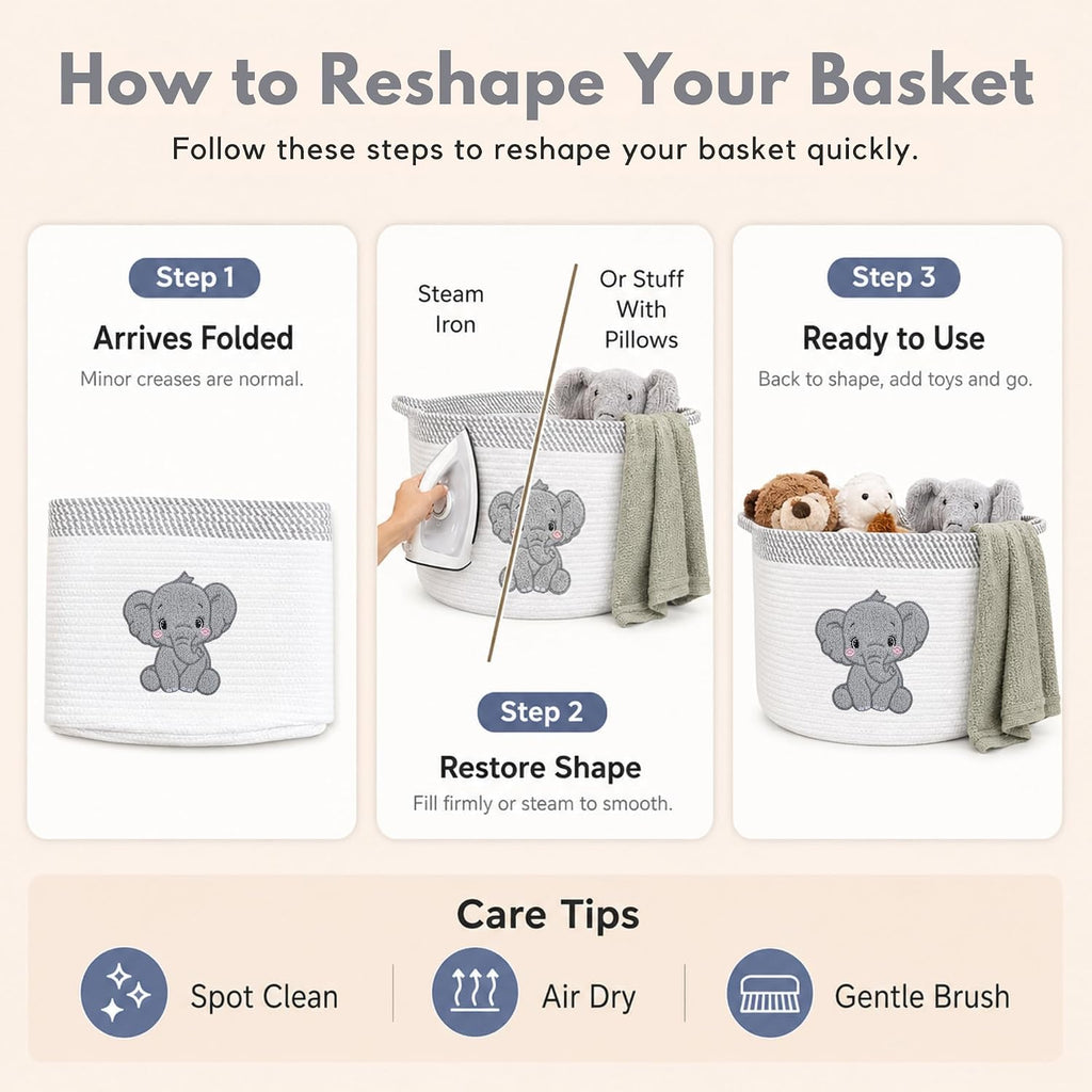 Elephant Baby Storage Basket, Woven Cotton Rope Nursery Bin, 15x11 in