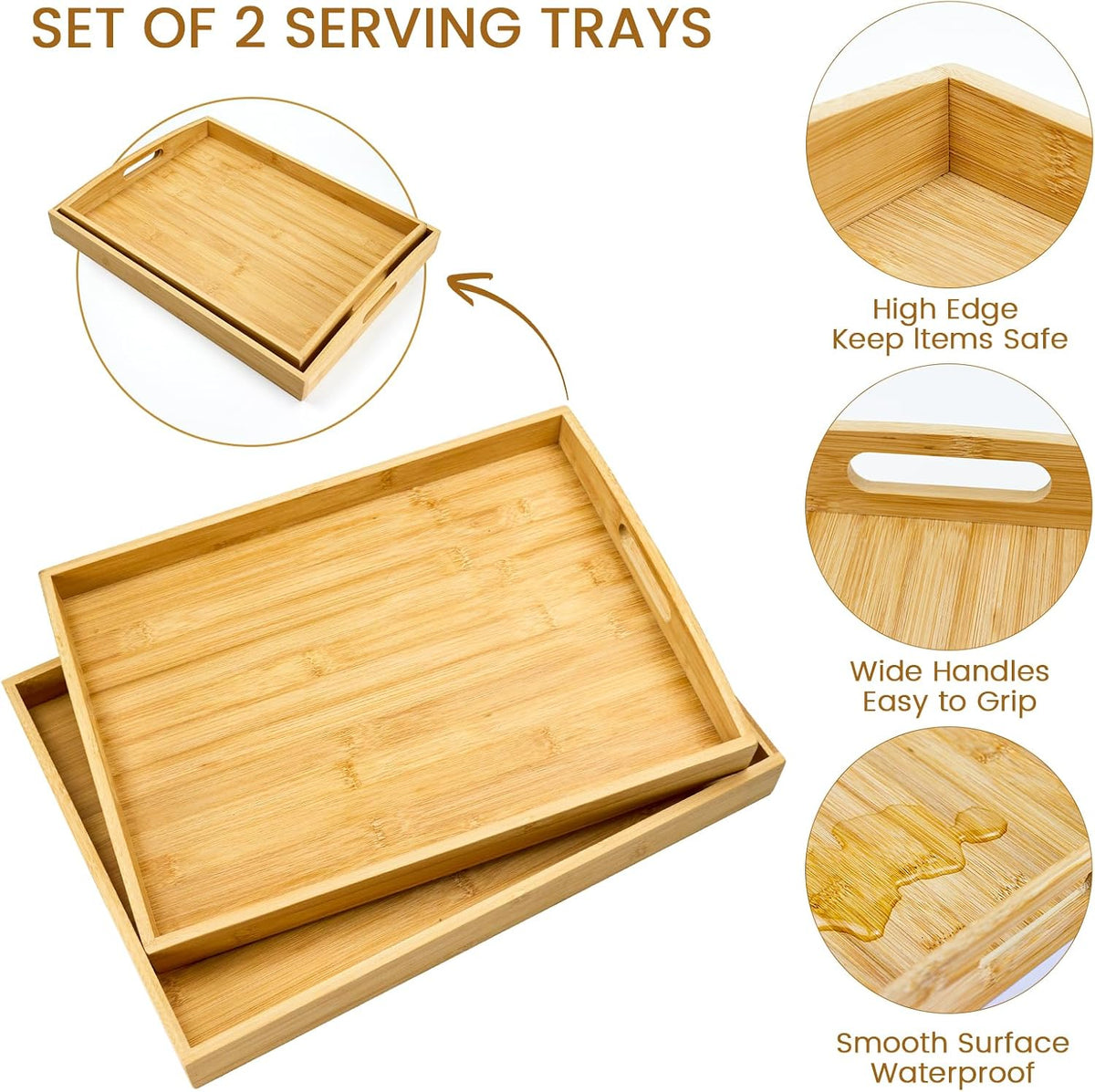 GOLD HONEY Bamboo Serving Tray with Handles, Wooden Serving Tray Set of 2