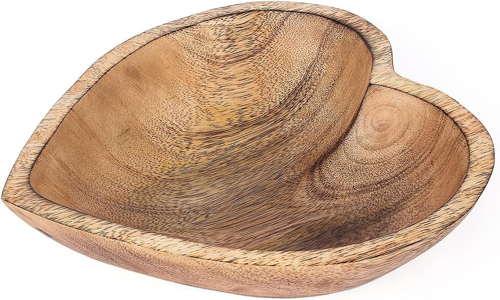 WitnyStore Heart Shaped Wood Bowl 8" Brown Handcrafted Wooden Bowls Collectible Functional Serving Tray Dish Plate Hand Made Decorative Tableware for Candy Nuts Desserts Fruit Home Décor Accents Gifts